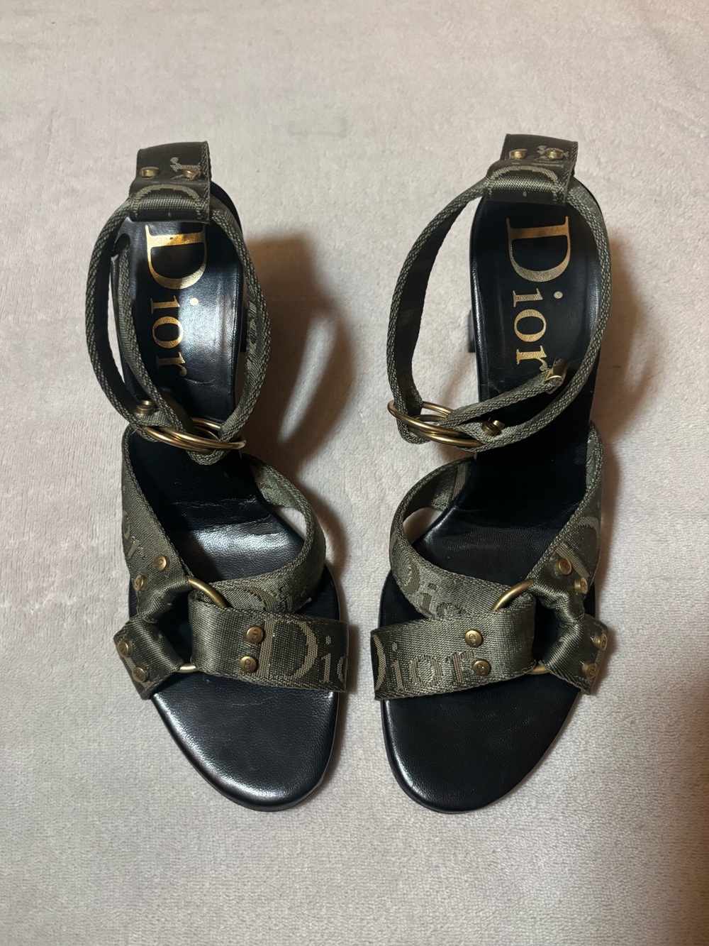 Christian Dior Vintage Olive Green Canvas Strap Logo Heels